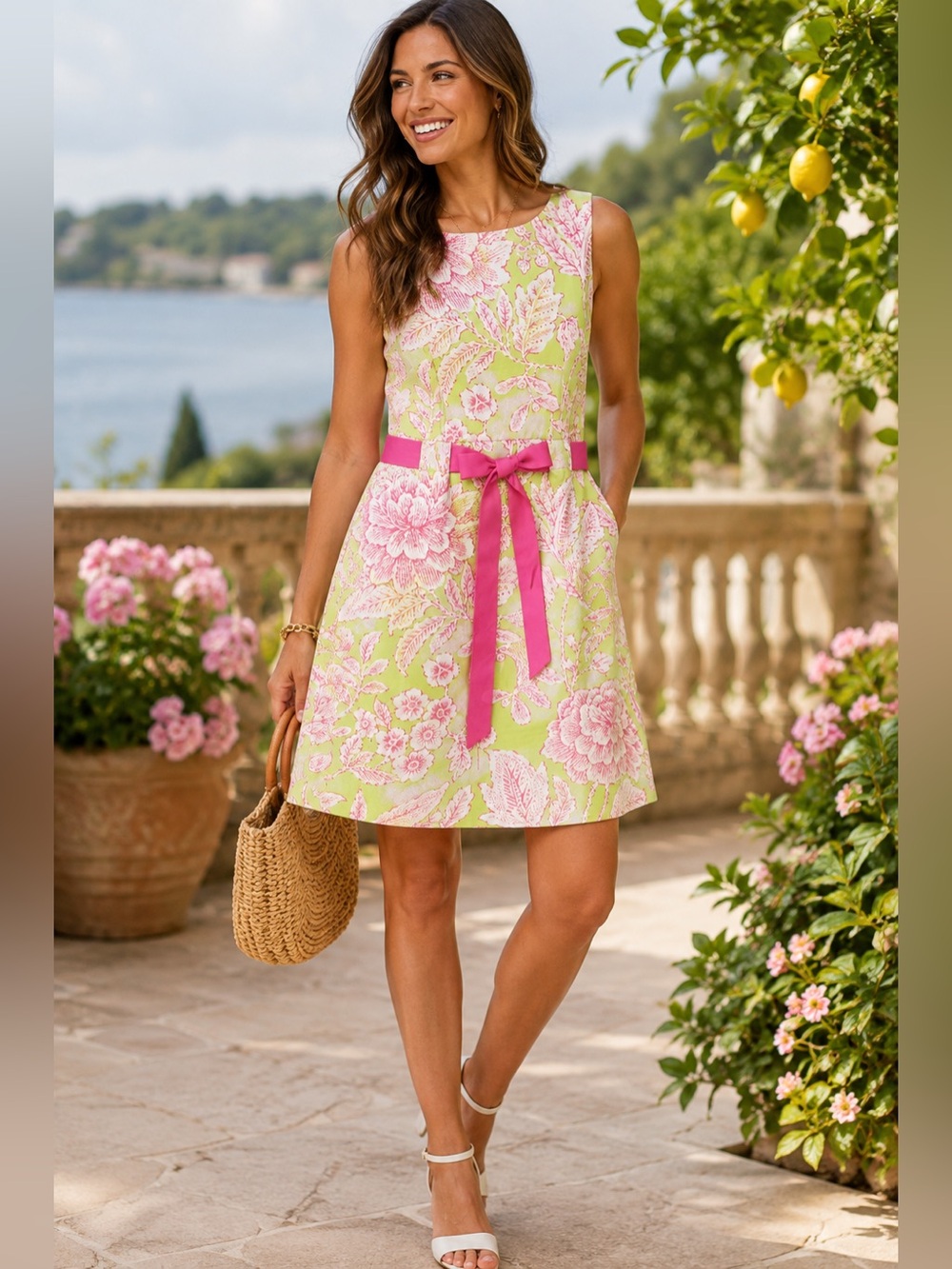 Eliza J Size 10 Green Pink Floral Fit & Flare Dress with Bow Belt